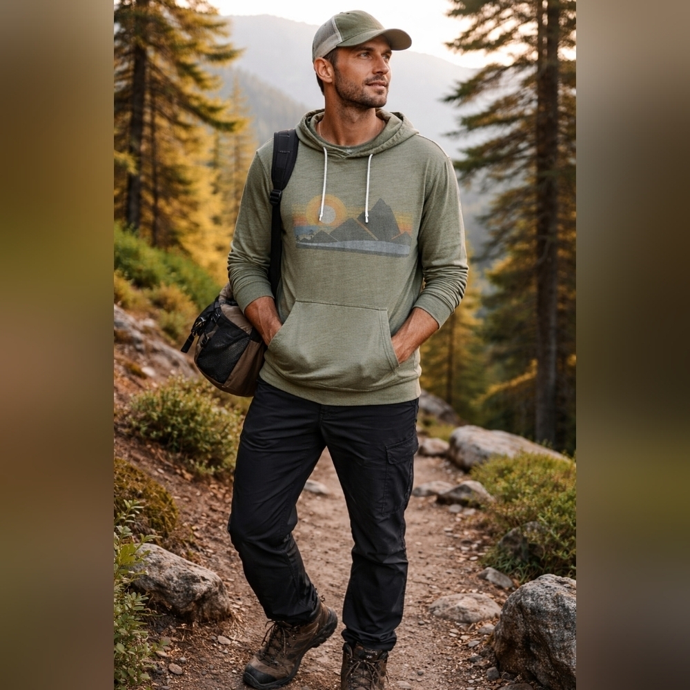 🤩 Urban Pipeline Lightweight Graphic Hoodie | Retro Mountain Sunset Size XXL